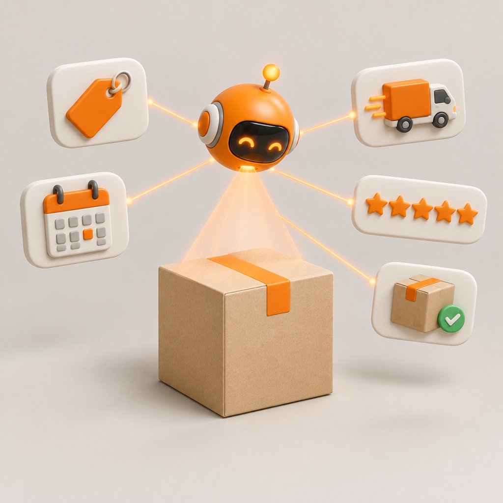 AI 에이전트 로봇이 상품 상자의 가격, 배송, 일정, 리뷰, 재고 정보를 스캔하는 3D 일러스트