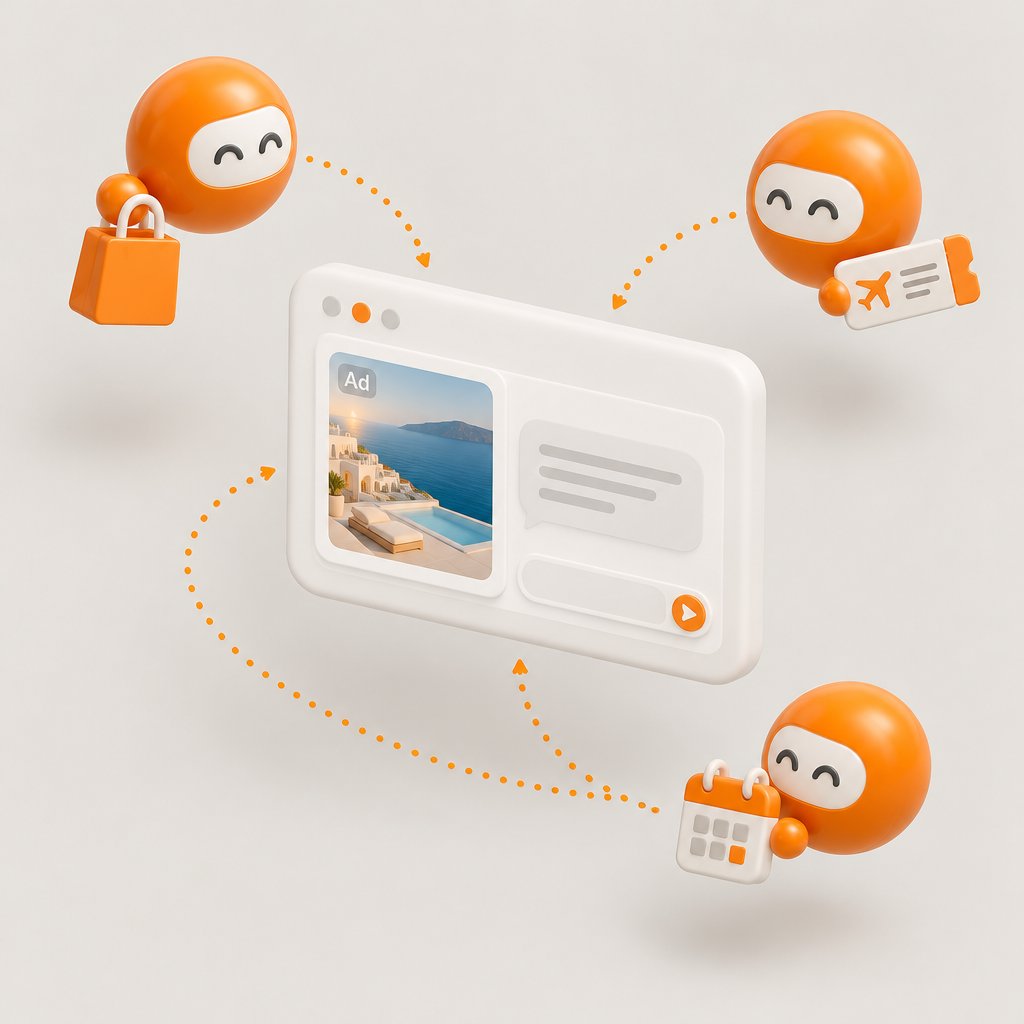 AI 에이전트가 쇼핑, 항공권, 일정 작업을 들고 ChatGPT 대화창의 광고 지면으로 모이는 3D 일러스트